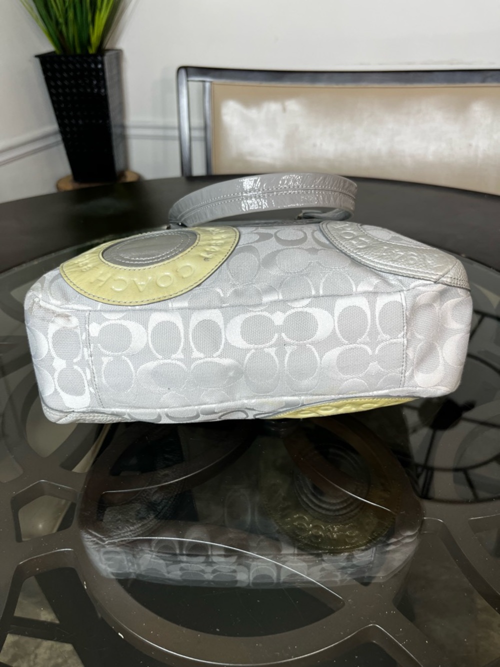 Coach Circle Patchwork East West Tote in a gray and cream color scheme - Picture 5 of 7